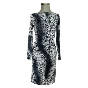 Carmen Marc Valvo Black Gray Leopard Print Ruched Midi Dress Women's Size M